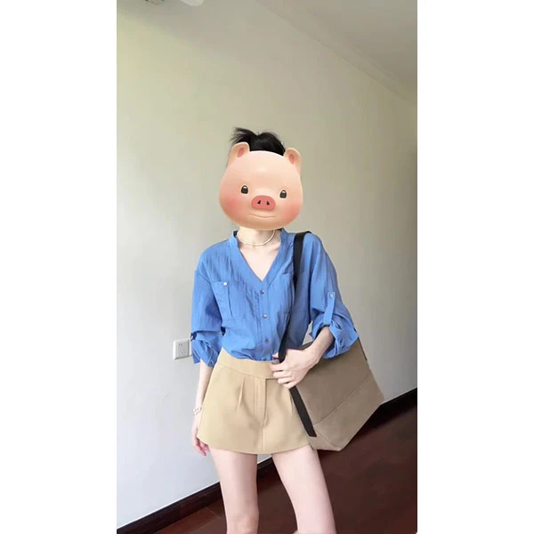 蓝色v领气质长袖衬衫女夏季宽松薄款防晒衬衣休闲上衣+裙子套装