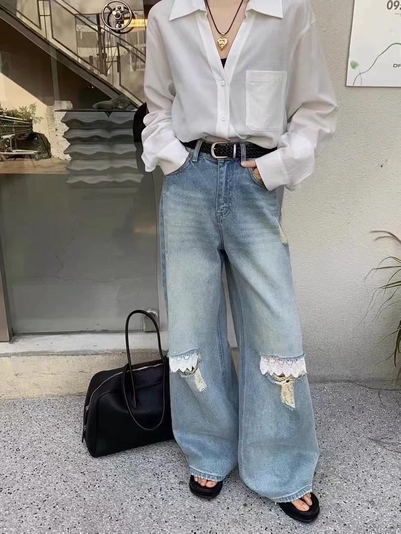 【蜜糖家】破洞牛仔裤 蕾丝直筒高腰显瘦设计感