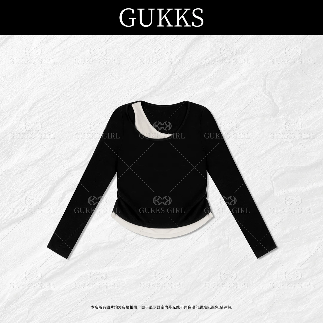 娜娜GUKKS『白璃微醺』2025新款法式气质撞色假两件修身针织衫T恤