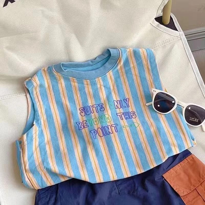 韩范童装男童印花无袖条纹上衣时髦洋气男宝宝夏装儿童宽松背心潮