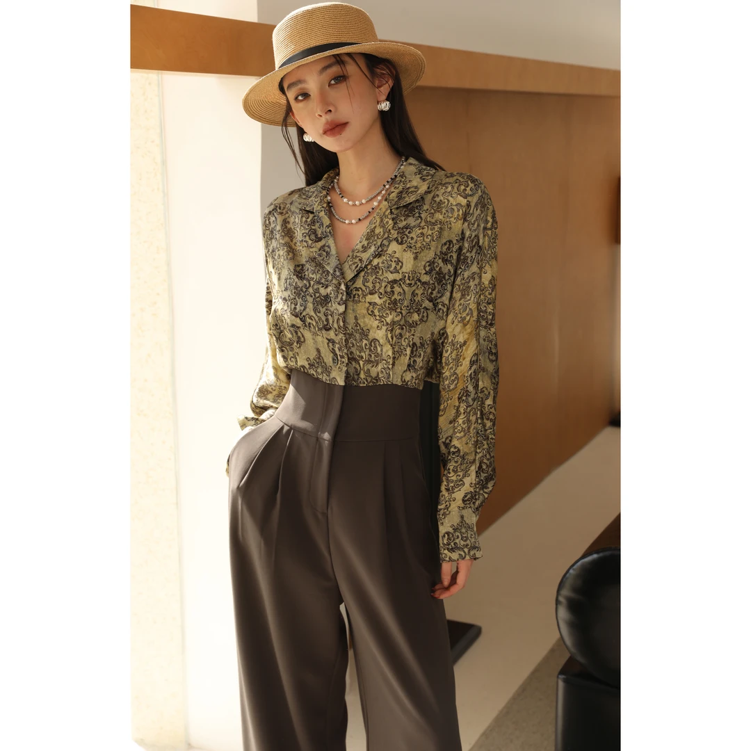 【沉香】复古大牌印花25春夏花衬衫连体裤通勤时髦气质假两件连体裤