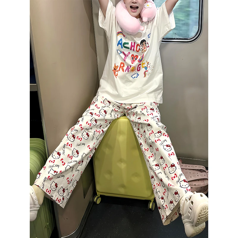 【Kitty印花】韩系休闲甜美可爱高腰睡裤女夏季阔腿直筒长裤可外穿
