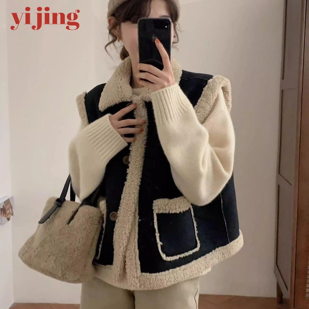 美拉德韩系仿设计感马甲女秋冬皮毛一体外穿小个子加厚无袖背心