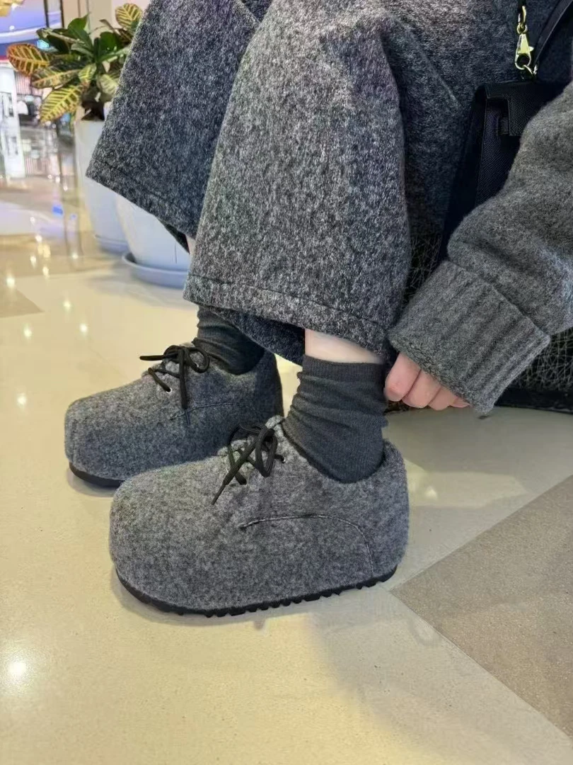 卡皮巴拉毛呢鞋女2025年新款加绒加厚保暖大棉鞋厚底防滑面包鞋潮