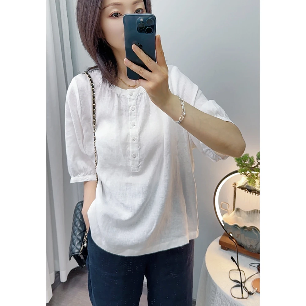 圆领纯亚麻中袖衬衫女夏季新款宽松百搭雨露亚麻上衣舒适透气