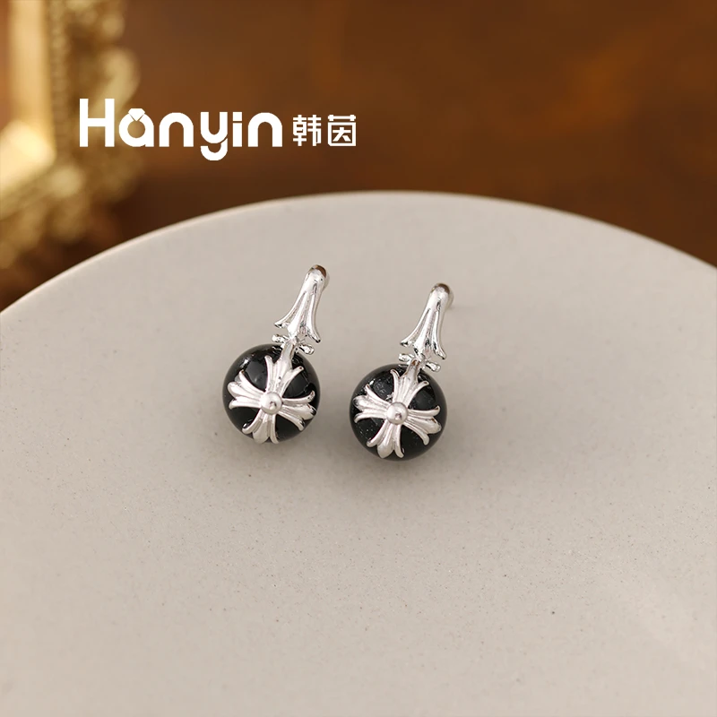 铜合金仿珍珠耳饰 925银针克罗风精致设计感百搭十字架耳钉AAA