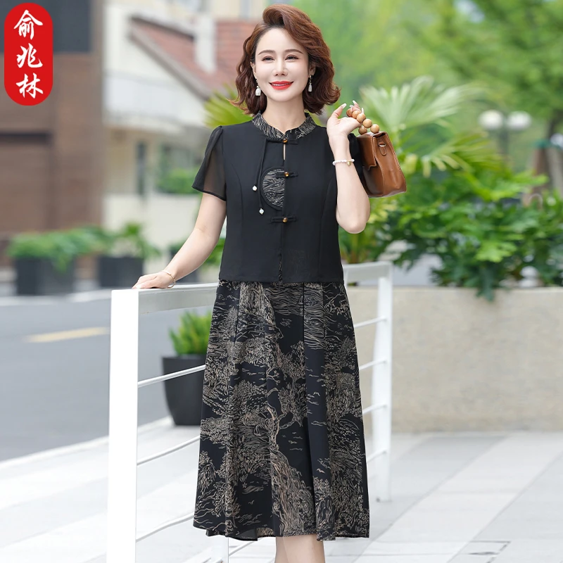 俞兆林妈妈夏装新中式假两件连衣裙新款洋气中老年女气质国风裙子