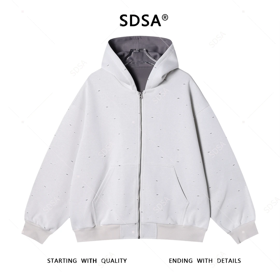 SDSA男士秋冬新款痞帅男装韩版宽松破洞拉链连帽卫衣网红款百搭