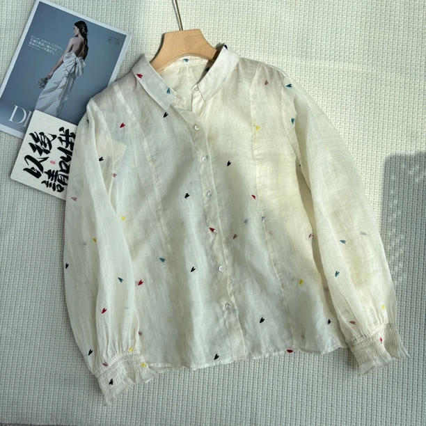 ［春春定制］法式新韩版百搭修身时尚重工刺绣爱心翻领长袖衬衫6340