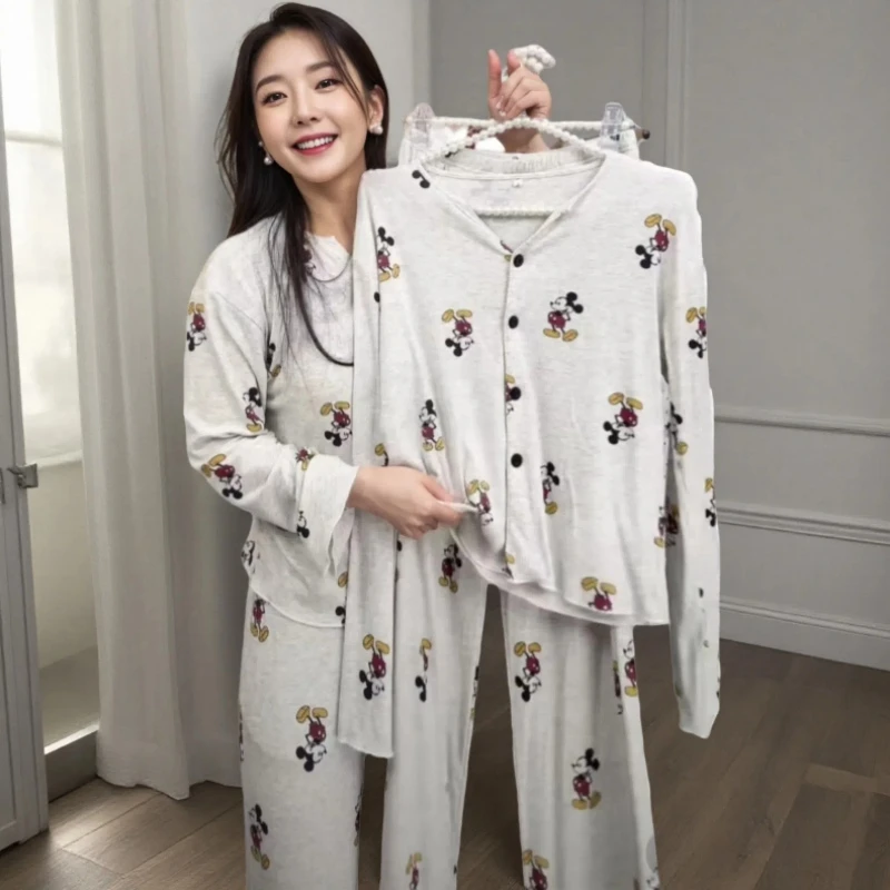 女士2025年春秋新款长袖睡衣女生薄款可爱甜美休闲螺纹冰丝家居服