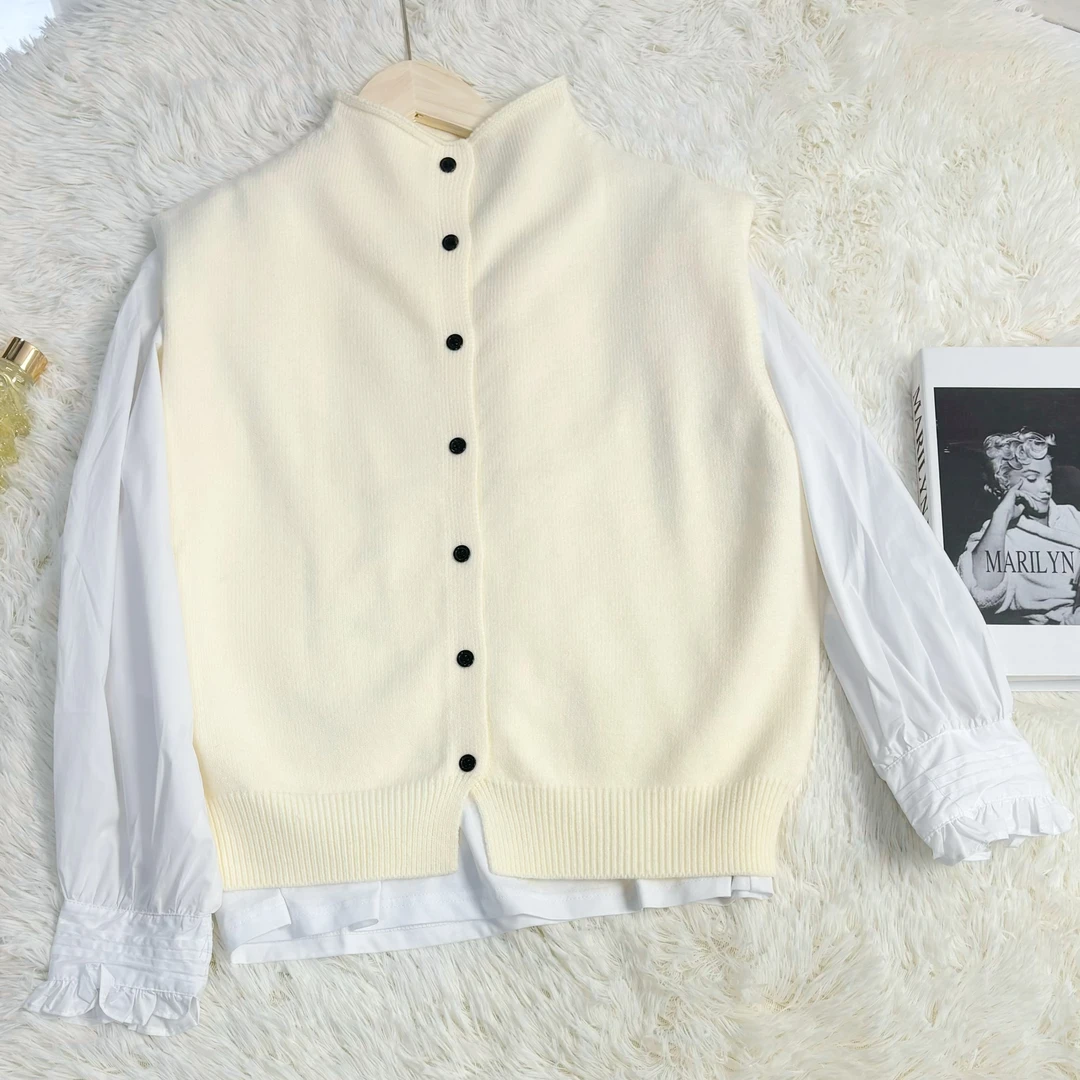 玲姐定制-米白半高领开衫两件套马甲针织开衫350644
