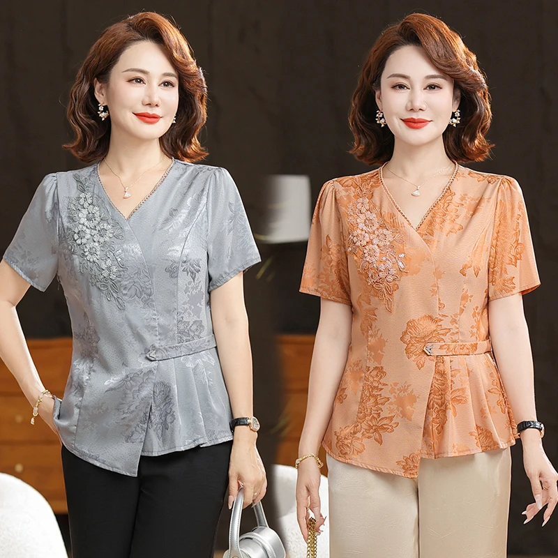 中老年妈妈装夏季衬衫女士新中式时尚遮肚显瘦妈妈装小衫洋气减龄