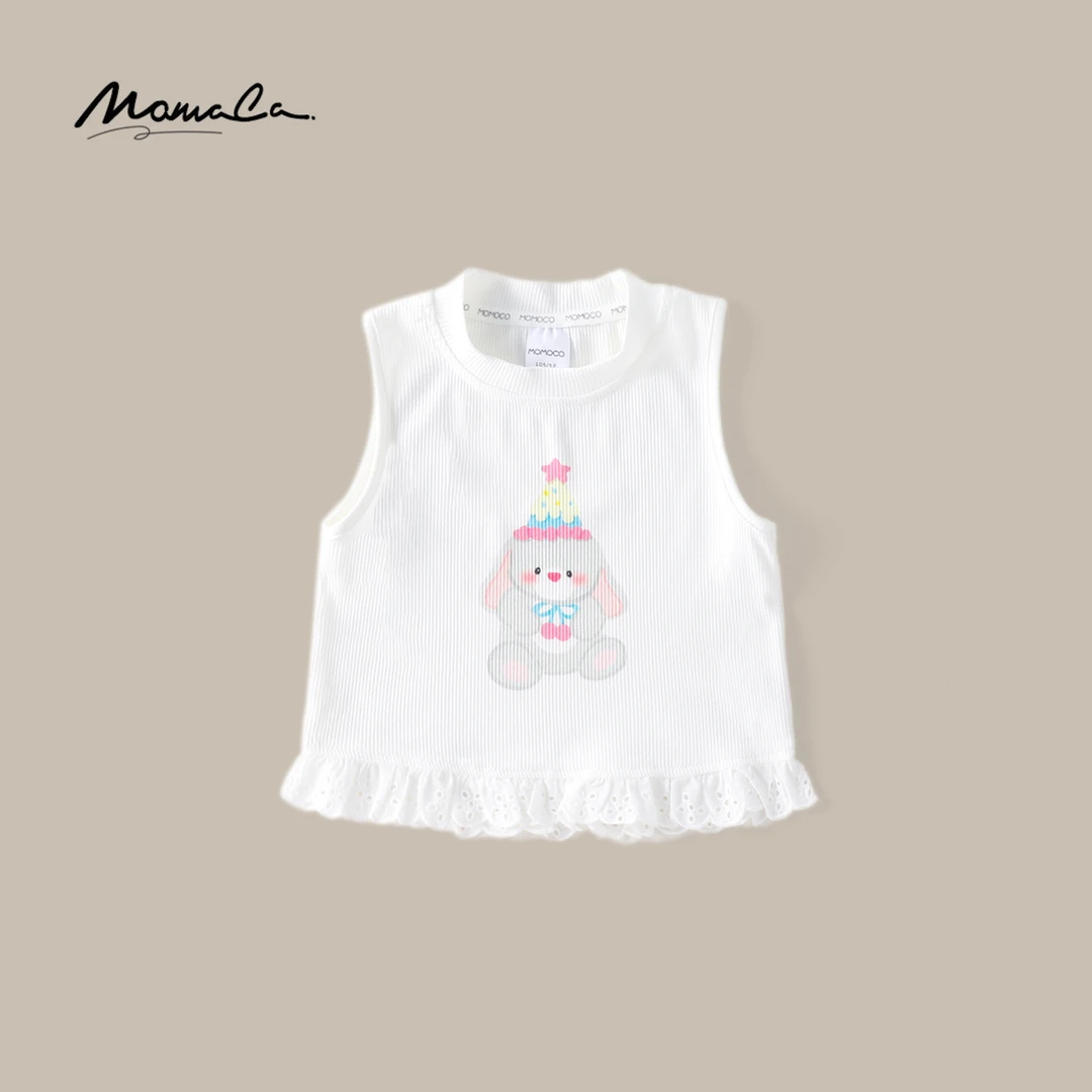 MOMOCO夏季欧若风女童时尚百搭甜美蕾丝边背心T恤77630233010