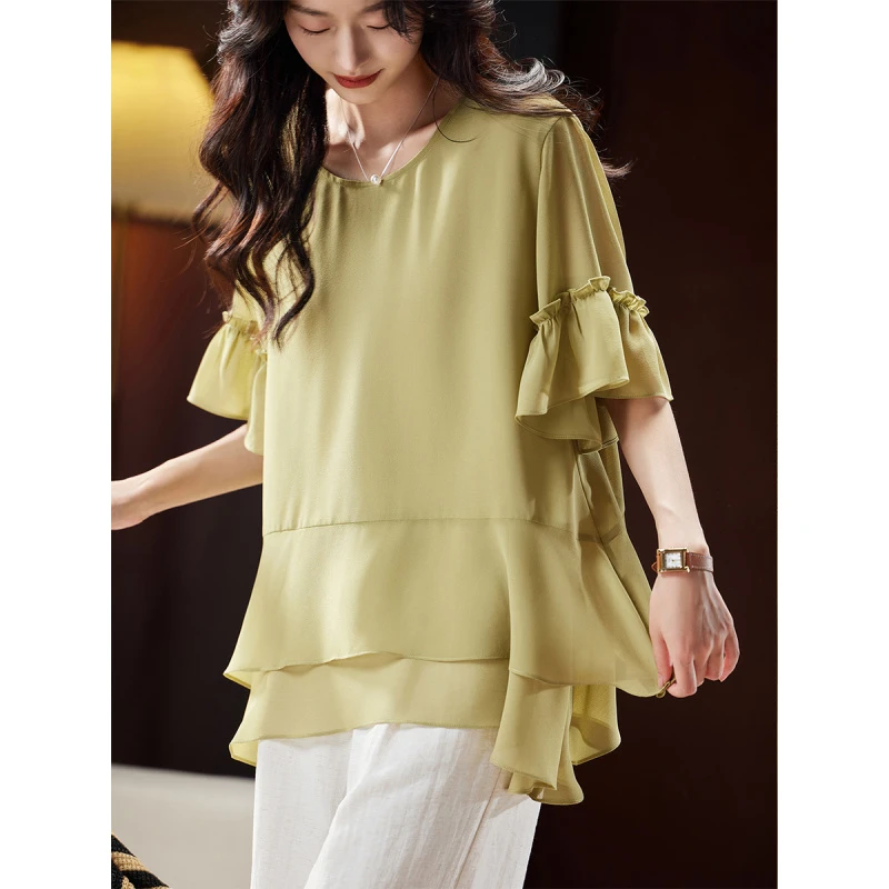 衣品乐原创宽松大码夏季新款女装绿色圆领宽松雪纺衬衫C2922