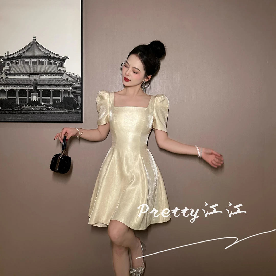 Pretty小众设计师品牌江江定制  气质优雅小个子方领连衣裙40503