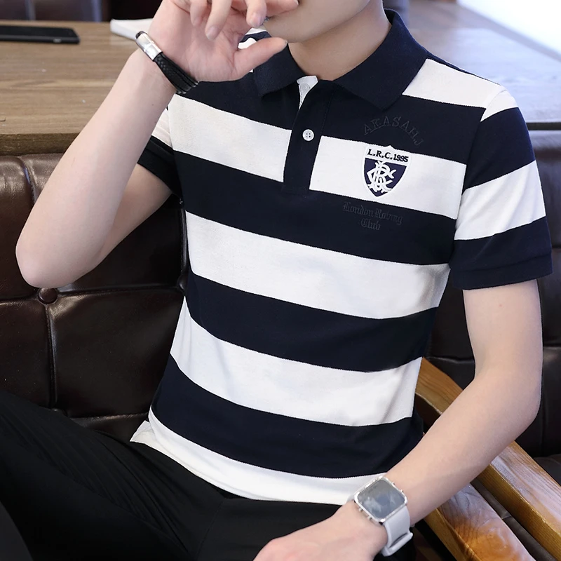 纯棉条纹polo衫短袖男士t恤v领修身打底衫上衣服翻领休闲保罗夏季