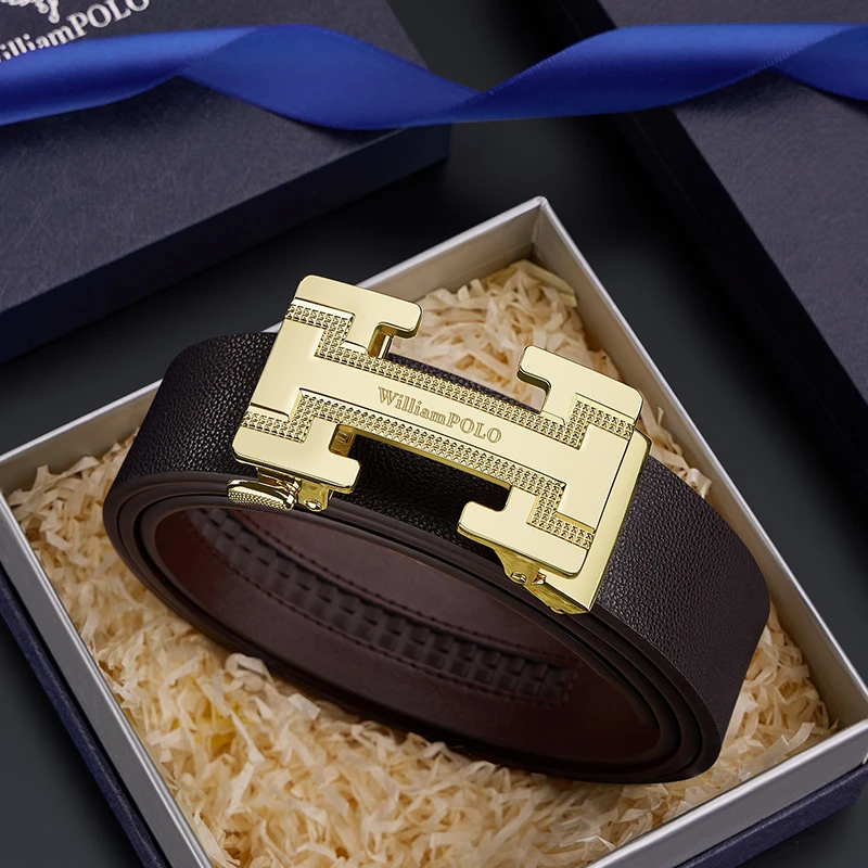 英皇保罗男士皮带新款欧美裤腰带百搭简约自动扣耐磨牛皮二层腰封