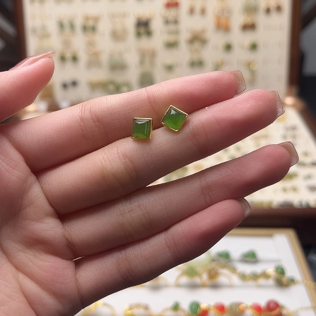 和田玉银S925镀金镶嵌耳饰