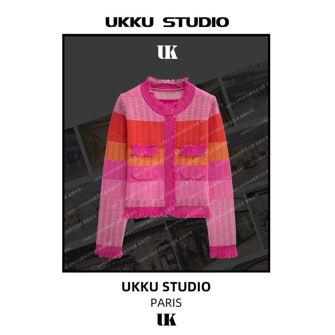 秀秀【UKKUSTUDIO】休闲设计师百搭时尚小香风拼色针织开衫313443