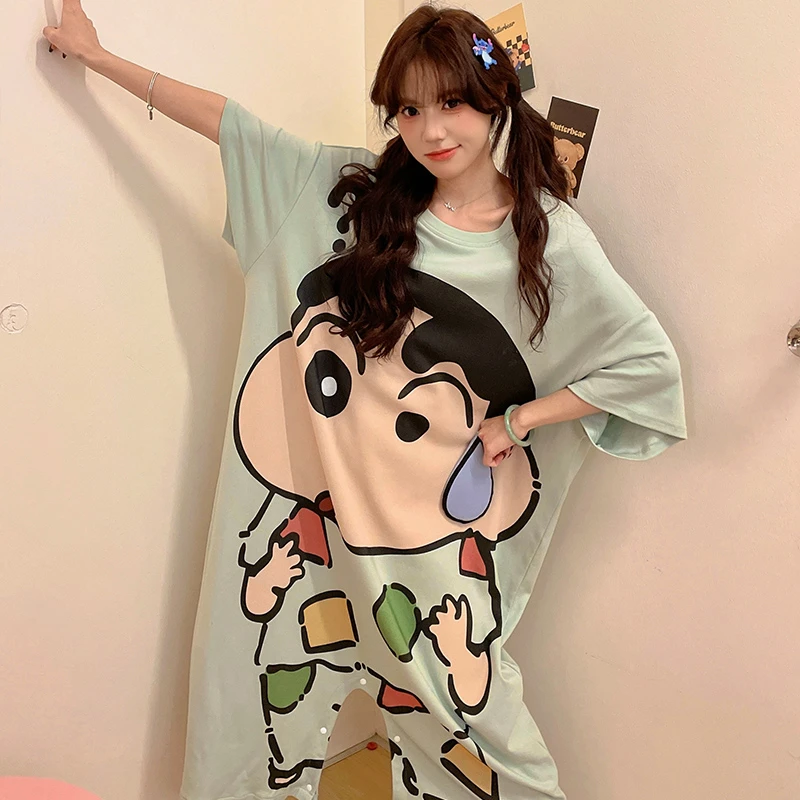 蜡笔小新夏季纯棉短袖情侣连体睡衣薄款卡通大码宽松男女生空调服