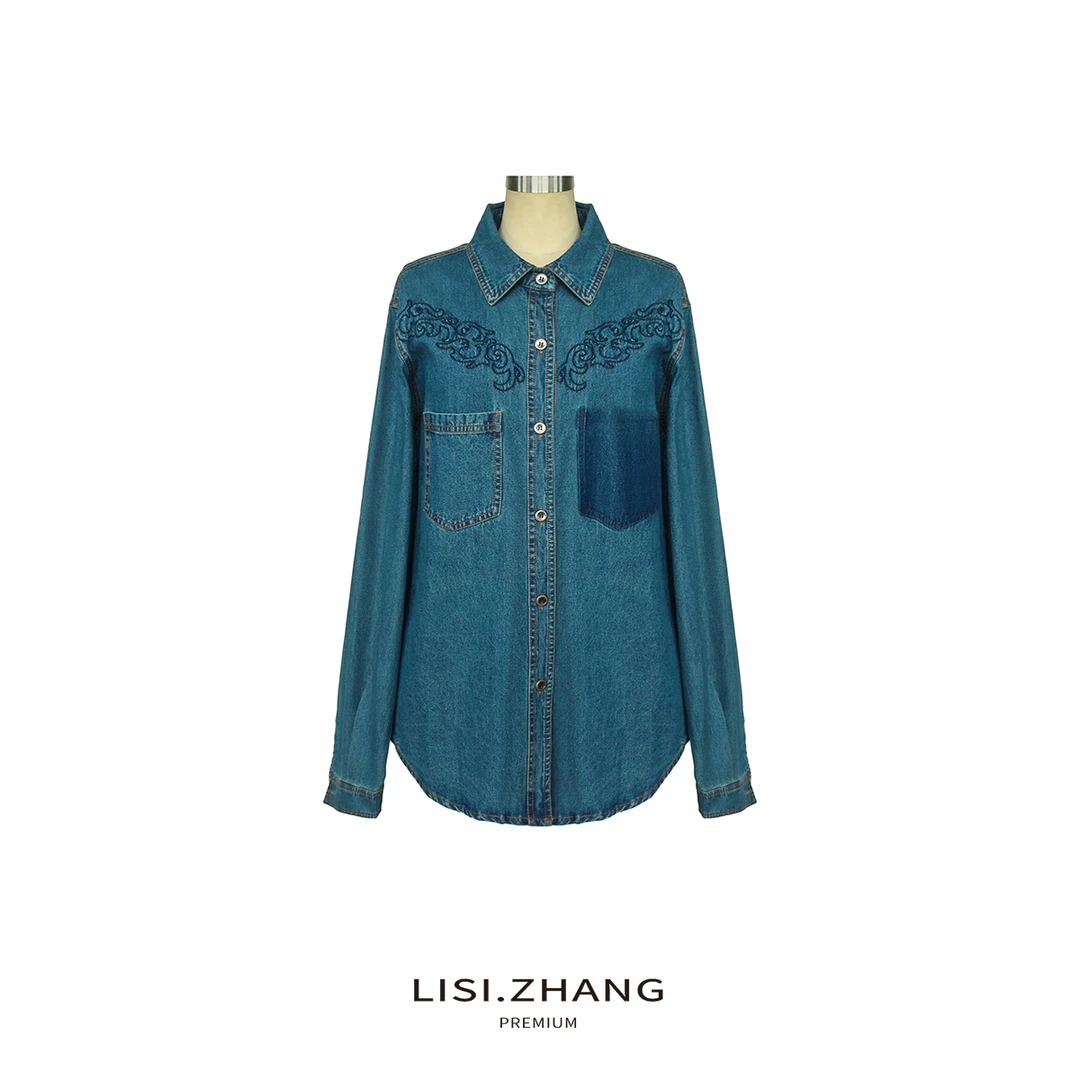 LISI.ZHANG--【牛仔衬衫】刺绣图腾口袋衬衫复古宽松百搭衬衣