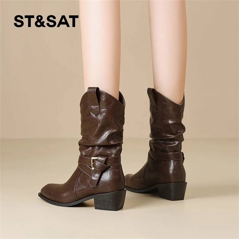 星期六棕色马丁靴女2025秋季新款复古风褶皱骑士靴粗跟显瘦堆堆靴