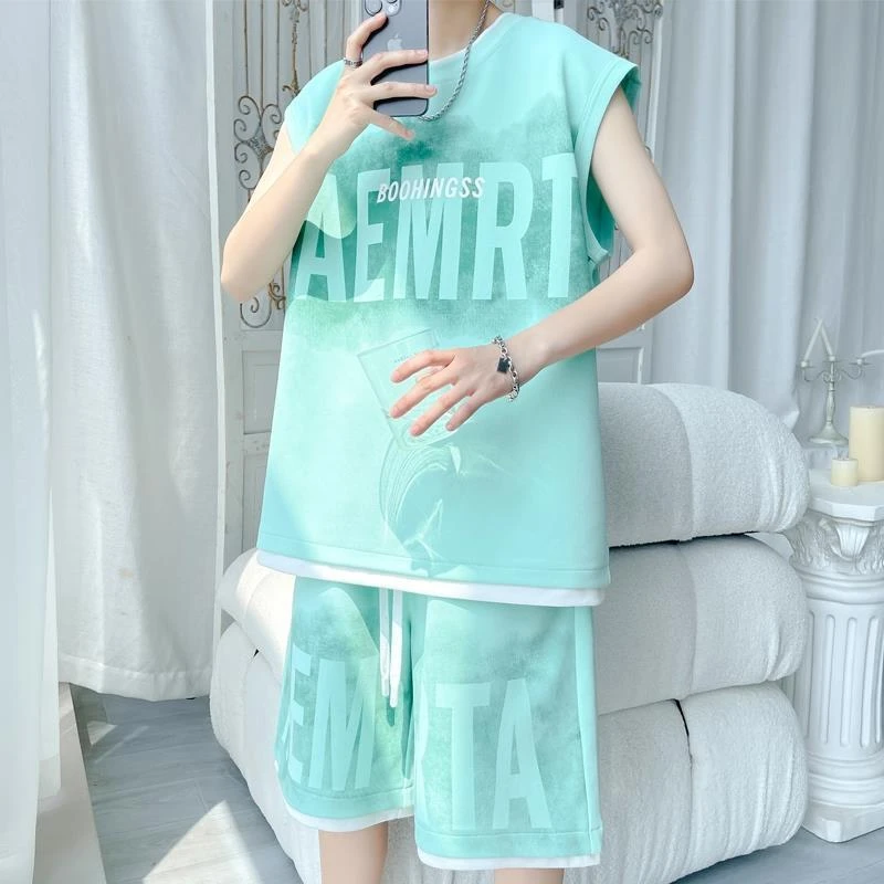 薄荷绿~冰丝薄款青少年背心休闲运动套装男生夏季无袖T恤短裤一套