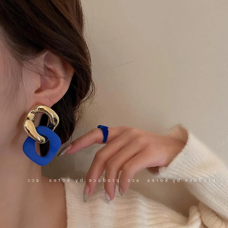 铜合金锆石耳饰 银针克莱因蓝圆形几何链条耳环ins风爱心兔子耳钉