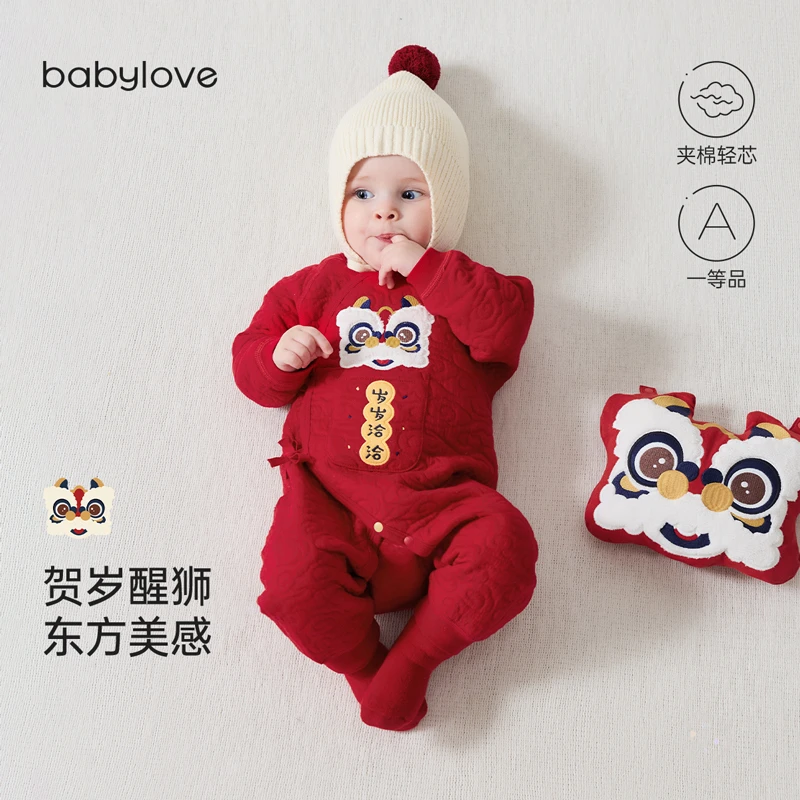 babylove新生儿连体衣秋冬婴儿夹棉保暖国风宝宝过年哈衣岁岁洽洽