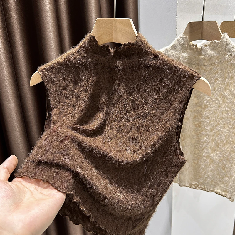 美拉德爆款磨毛蕾丝无袖背心打底衫女内搭叠穿木耳边小衫短款小衫