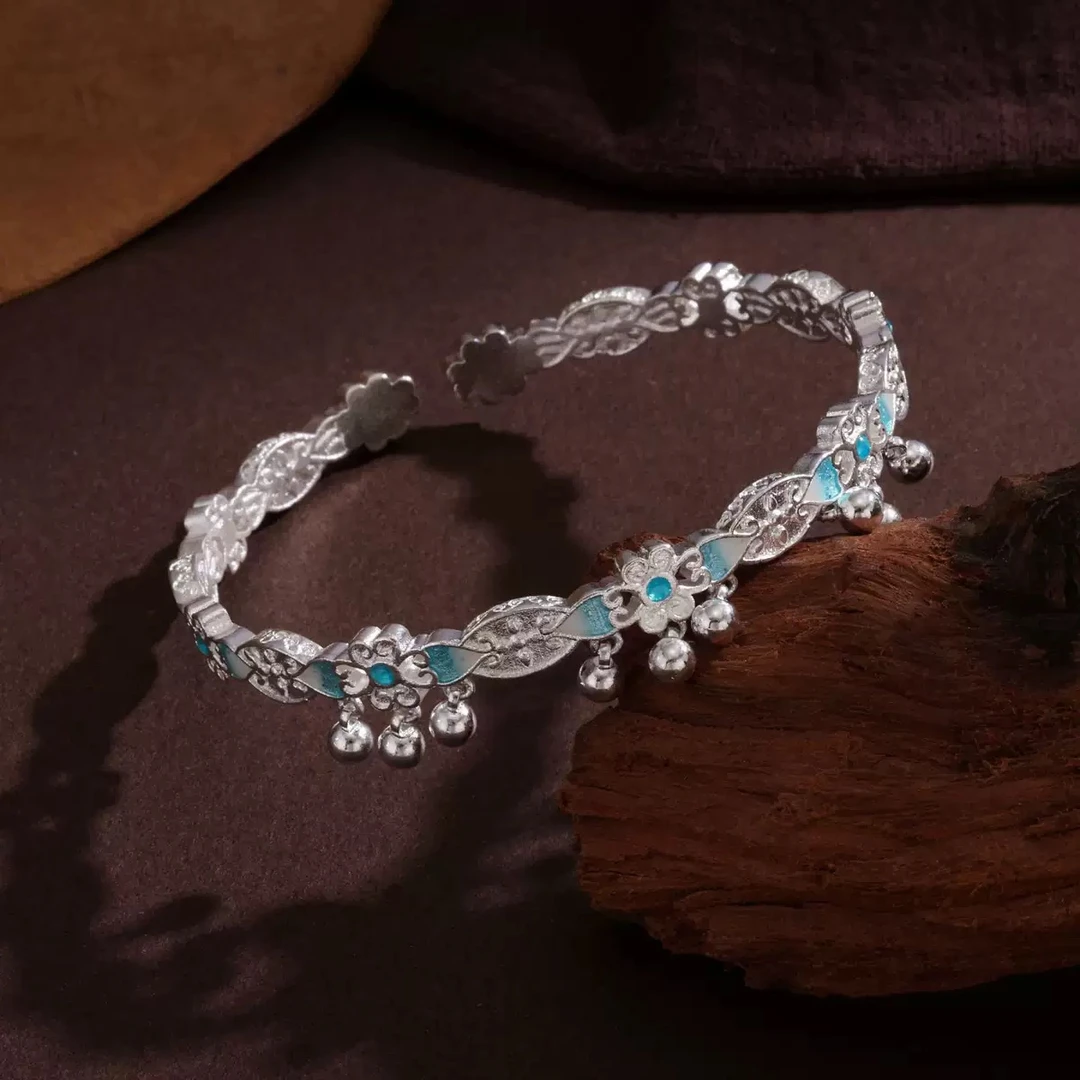 足银手镯 青花铃铛开口手镯