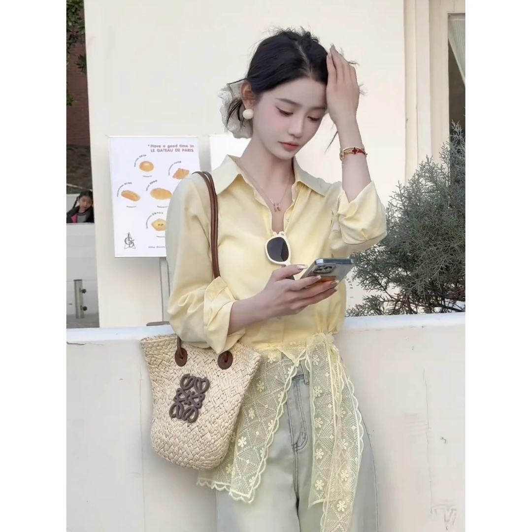 法式时尚洋气减龄百搭衬衫女春秋季设计感小众蕾丝披肩+衬衣外套