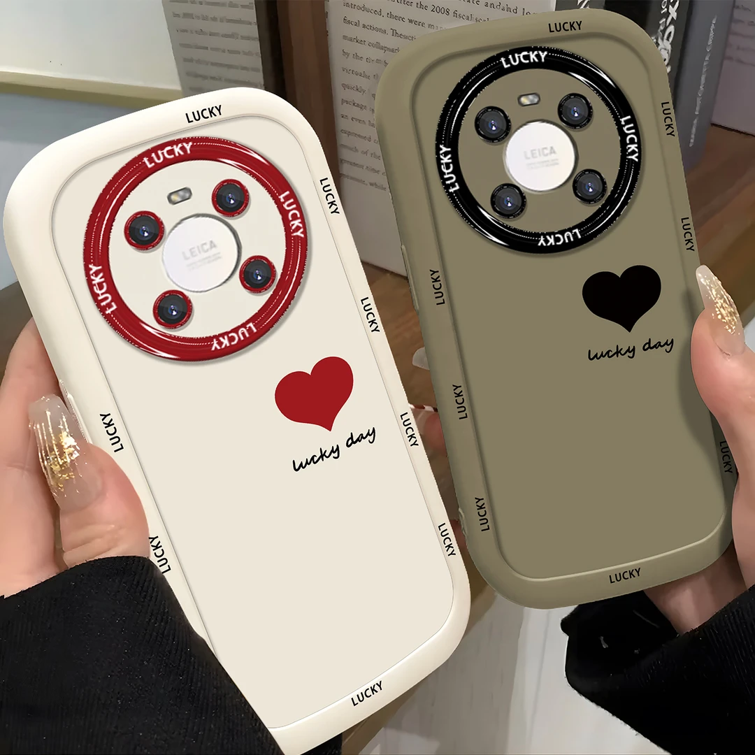 适用于【华为】Mate40/E简约红黑爱心英文时尚硅胶泡芙手机壳