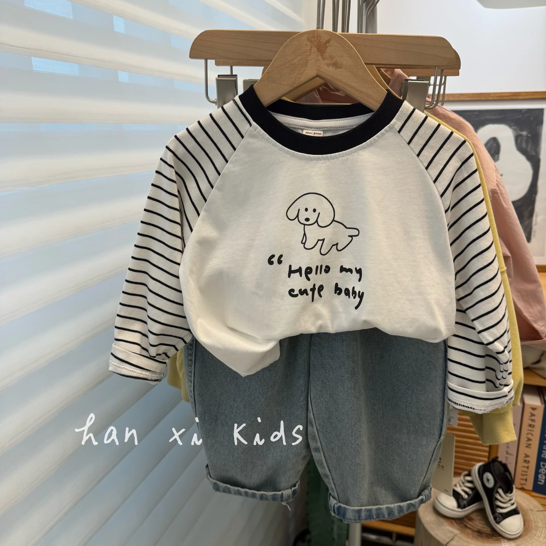 好品质 非常软~韩国男女童卡通条纹长袖打底衫儿童宽松绵软T恤春