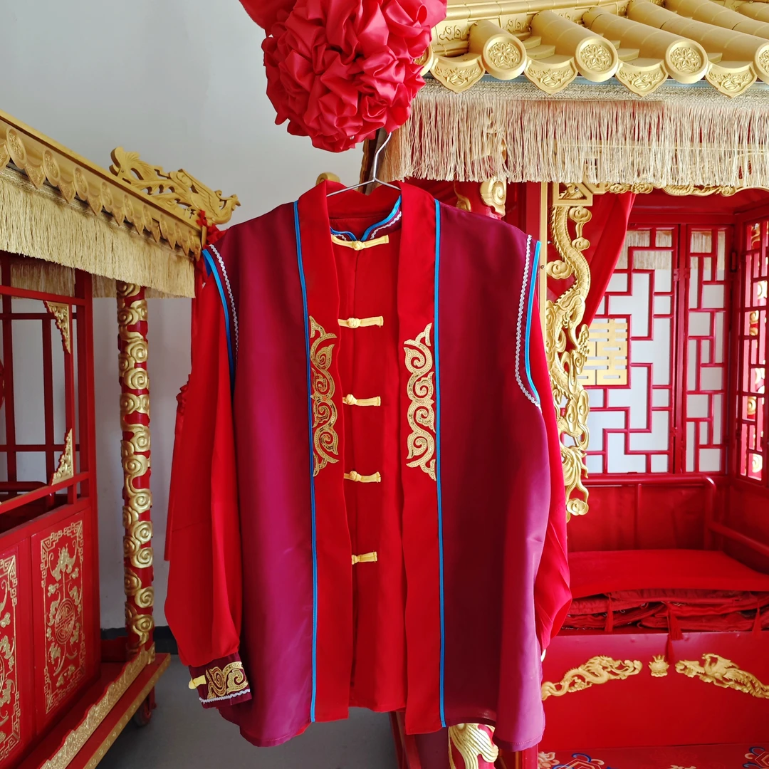 中式婚礼婚庆花轿轿夫衣服唢呐服舞龙舞狮锣鼓服麻丁面料绣龙轿服