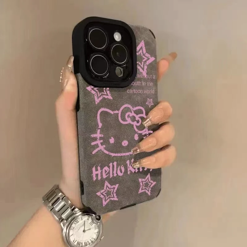 英文粉KT猫适用苹果17/16翻毛皮手机壳华为vivo小米17oppo防摔