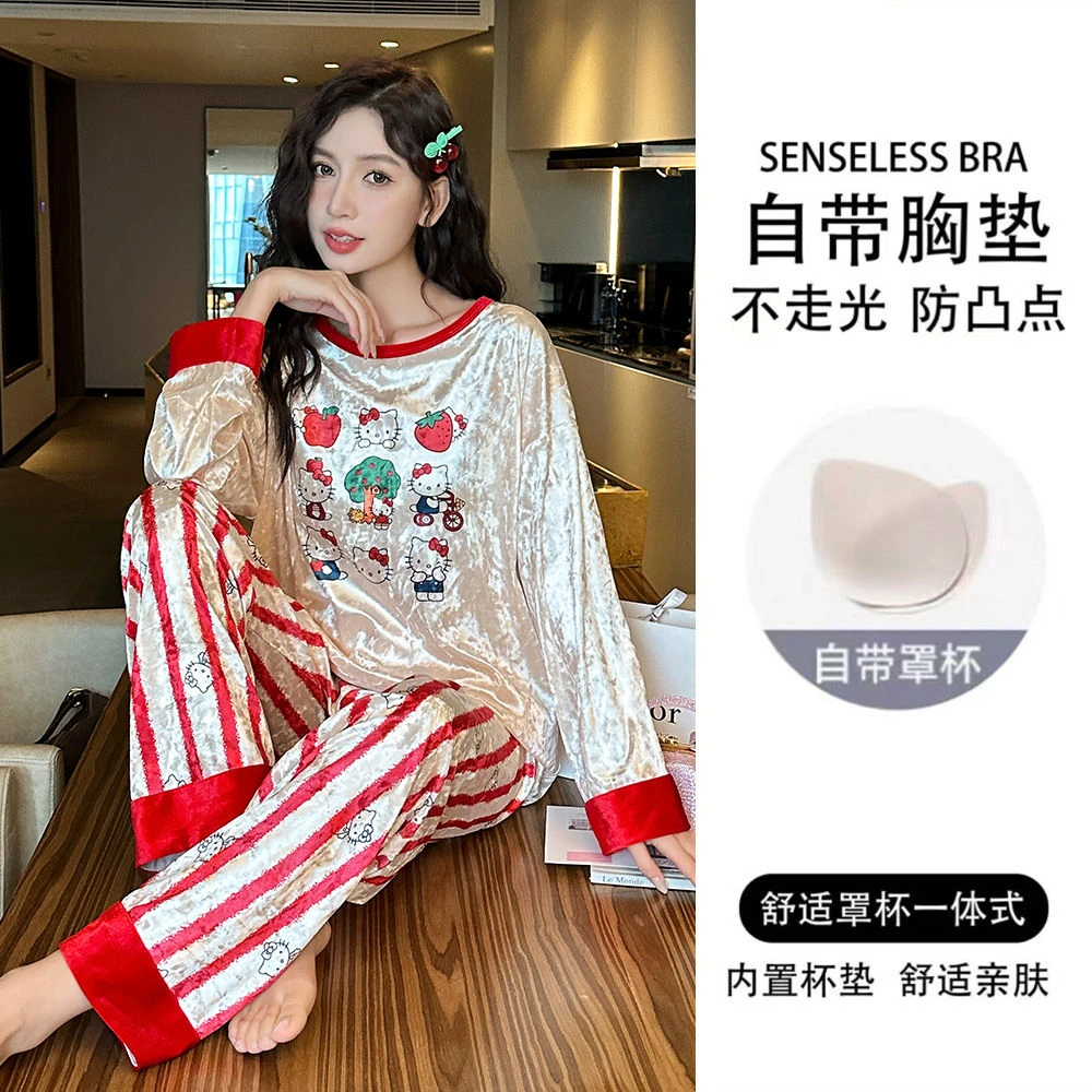 2024年带胸垫新款金丝绒睡衣女春秋季长袖可爱卡通秋冬家居服套装