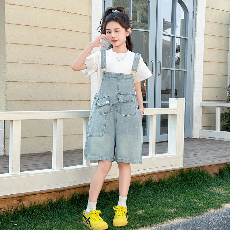 女童夏季背带裤套装儿童牛仔洋气薄款宽松学生中大童韩版儿童牛仔