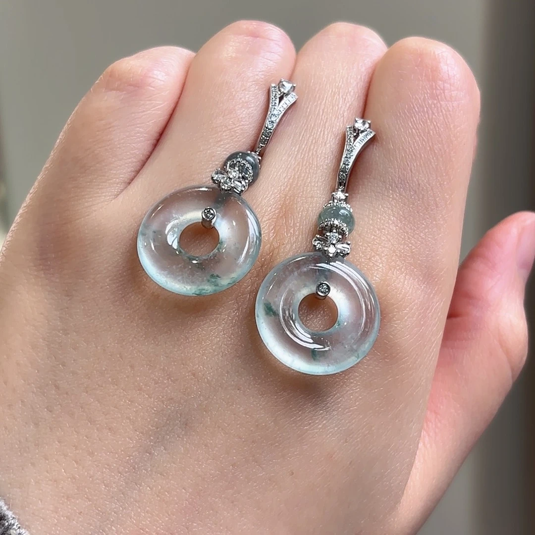 翡翠18K金镶嵌耳饰翡翠甜甜圈耳饰多人不退不换