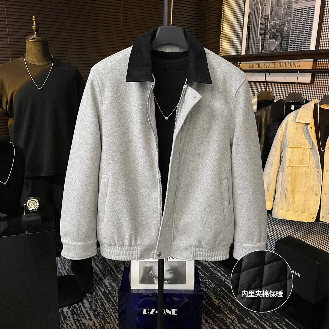 【BJ】冬季男士原创设计高定加厚保暖拼接皮翻领毛呢夹棉夹克外套