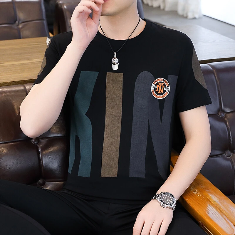 t恤上衣男士舒适夏季半袖潮流圆领针织帅气时尚休闲百搭修身印花