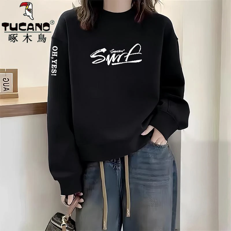 啄木鸟纯棉宽松显瘦时尚加绒长袖卫衣女外穿慵懒风复古套头上衣潮