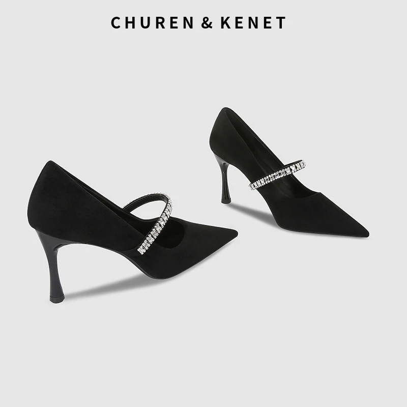 CHUREN&KENET高跟鞋女细跟尖头一字带水钻配裙子法式玛丽珍单鞋