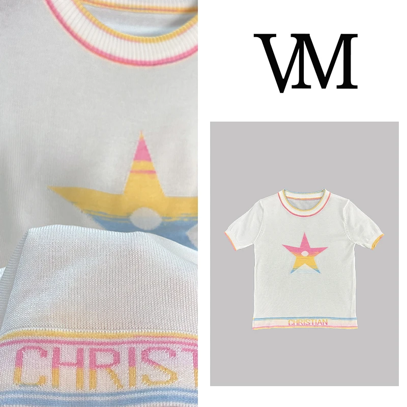 彩色五角星短袖冰丝针织衫女夏季新款高级感气质圆领上衣dx7826