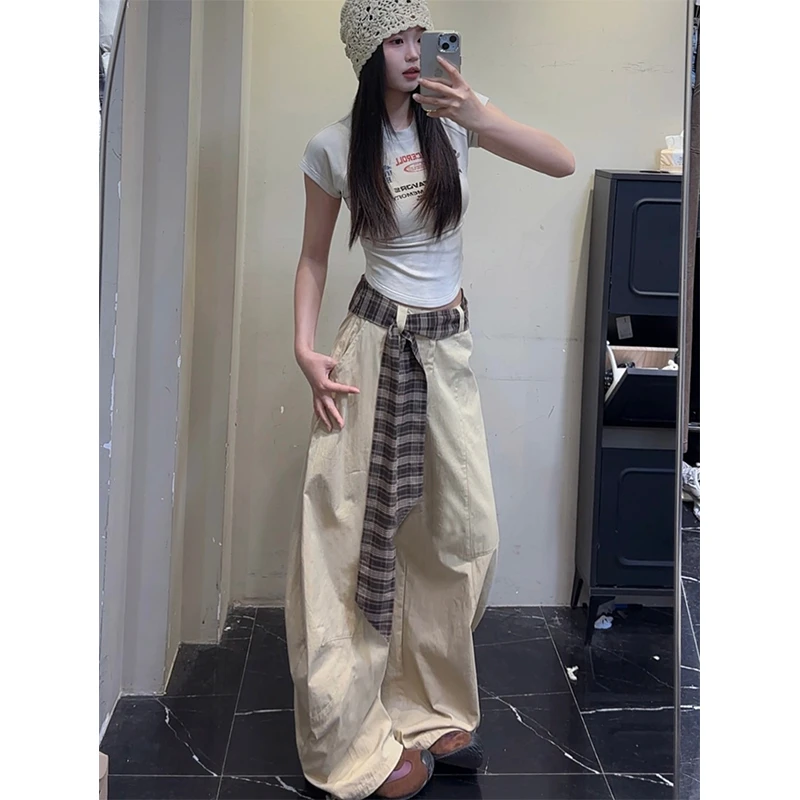 格子拼接松弛感阔腿弯刀裤女夏季新款设计感高腰显瘦直筒拖地裤子