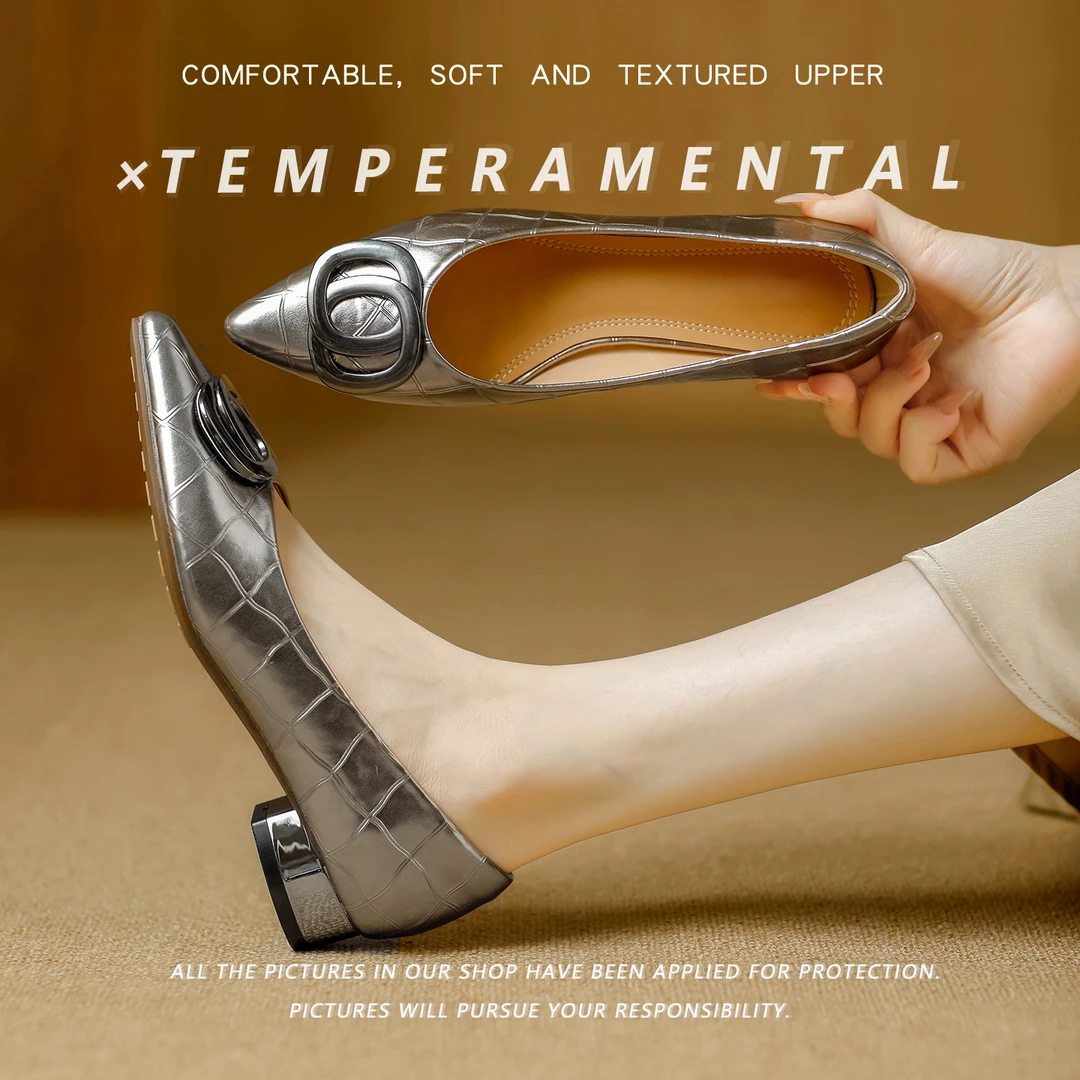 牛皮/3cm/2025新款时尚尖头百搭扣件低跟单鞋舒适真皮浅口单鞋女