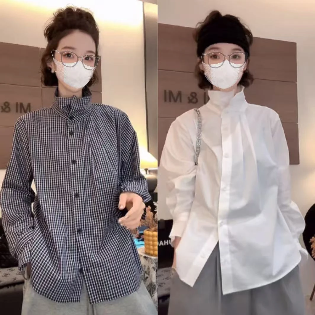欧货百搭设计感立领格子长袖衬衫女秋季花苞袖叠穿内搭打底衫上衣