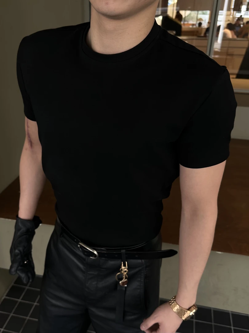 【FANG BH】重磅320g男士正肩时尚半高合身半袖纯色短袖圆领T恤打底