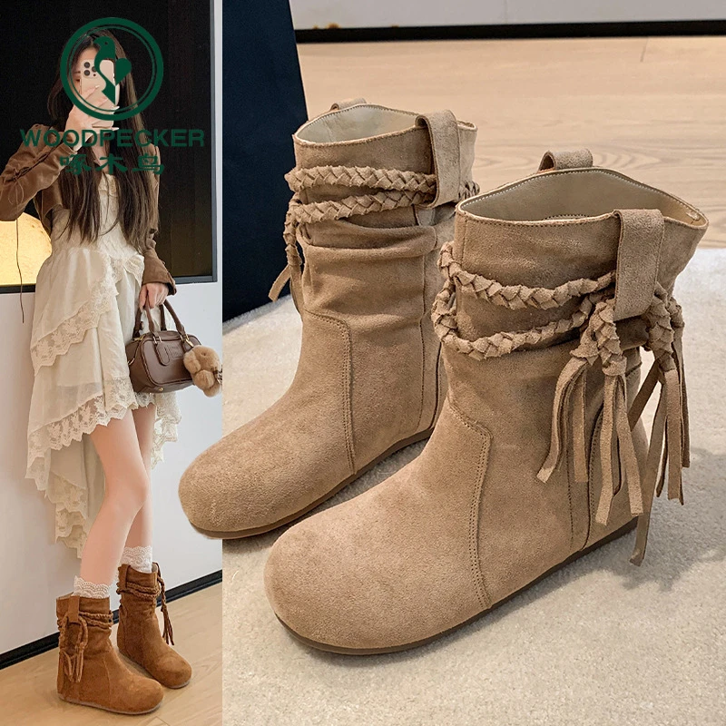 啄木鸟复古美拉德平底内增高短靴女款2025年新款秋季显瘦堆堆靴子