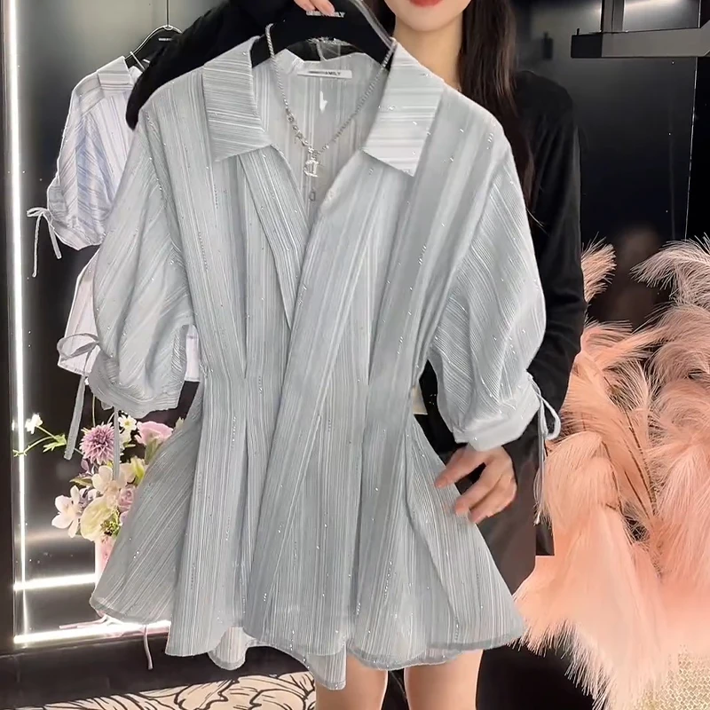 0280重工烫钻蓝色条纹衬衫女夏季2025新款v领上收腰袖口抽绳衬衣